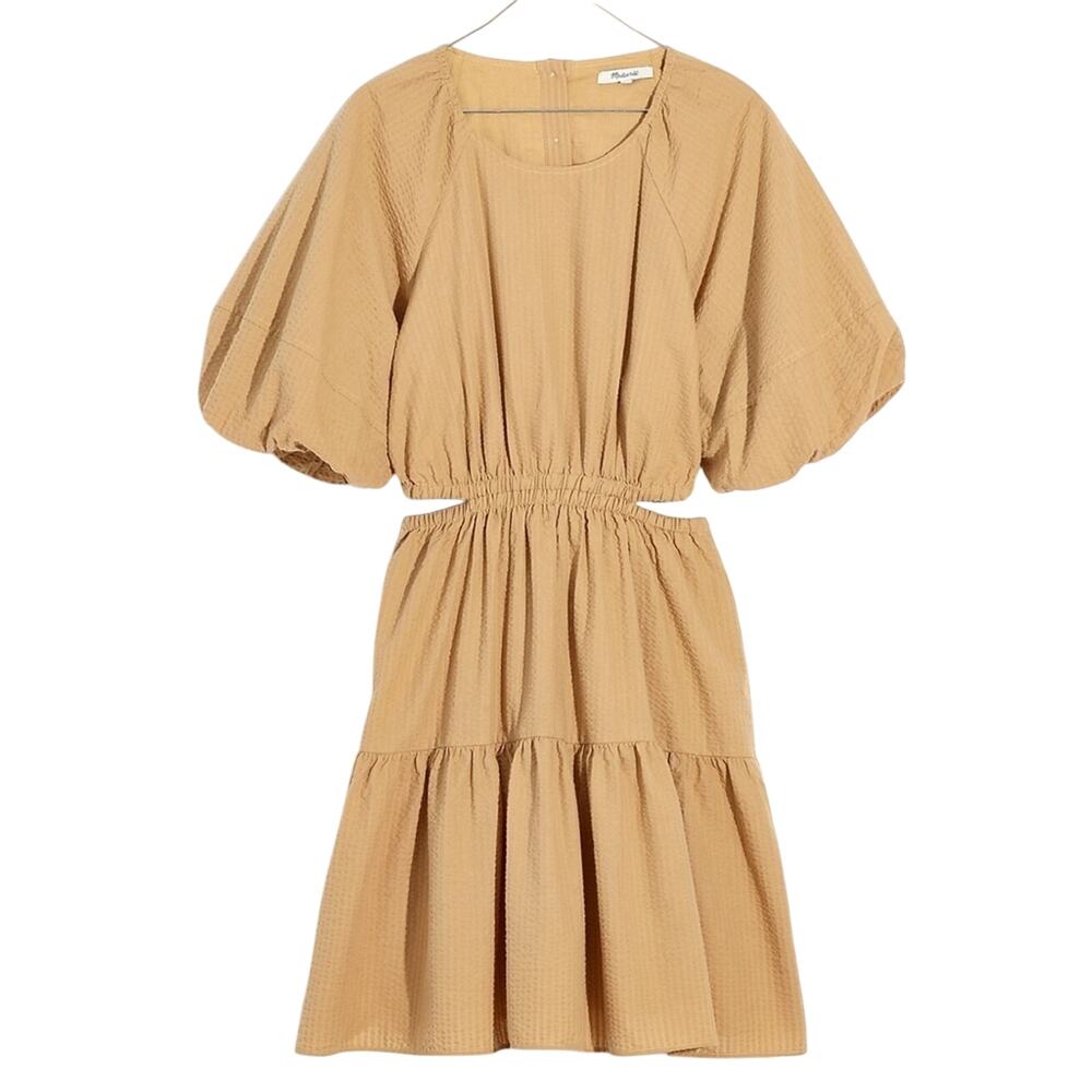 Madewell Seersucker Puff-Sleeve Cutout Mini Dress in Seed Khaki Style NF870 NEW - Picture 1 of 9